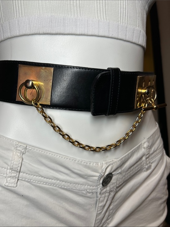 Vintage 1990s Black Leather Waist Belt with Gold Chain Accent Genuine Leather main image 5